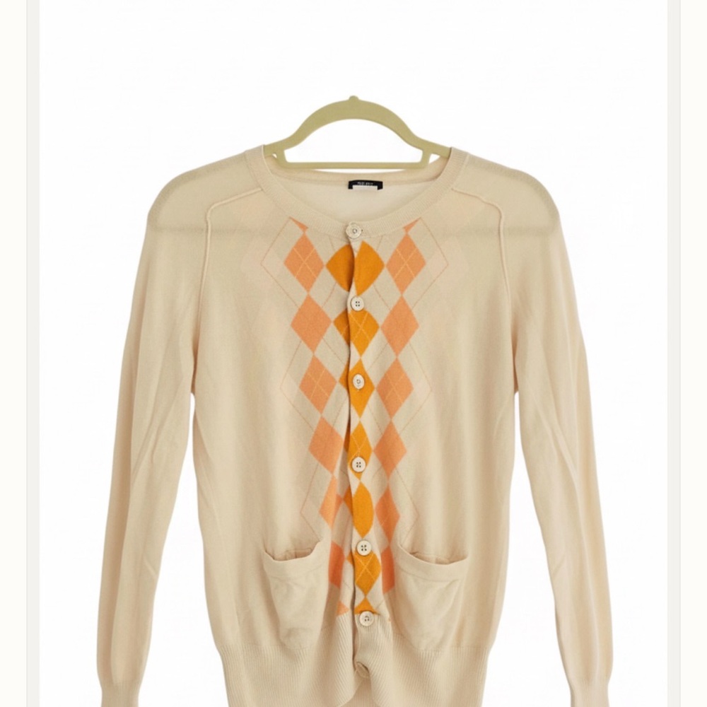 J. Crew Cream and Orange Argyle Cardigan